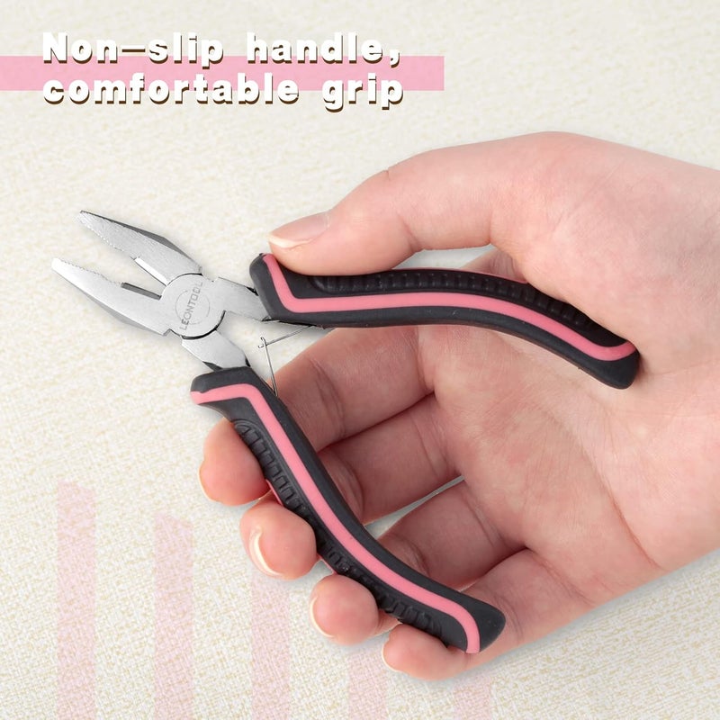 LEONTOOL Mini Linemans Pliers Spring Loaded 5 Inches Wire Cutter with Serrated Jaw Chromium Vanadium Steel Construction Mini Combination Pliers for Jewelry Making, Pink Tool for Women - Image 5